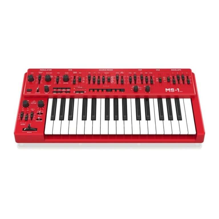 Sintetizzatore analogico Behringer MS-1 MKII rosso con tastiera mini, oscillatori VCO e sequencer integrato